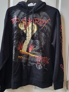 Ed Hardy Men's Black King Cobra Graphic Hoodie Pullover size L NWT